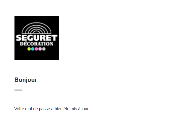 Capture d'écran de la page de confirmation de réinitialisation de mot de passe réussie de Séguret Décoration.