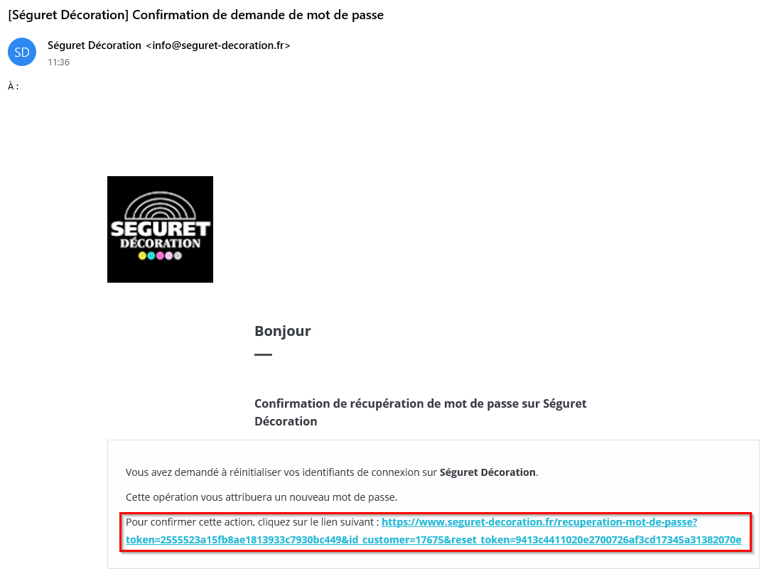 Lien de réinitialisation